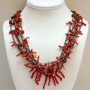 Vintage Southwestern 5 Strand Branch Coral Heishi Sterling Silver Necklace